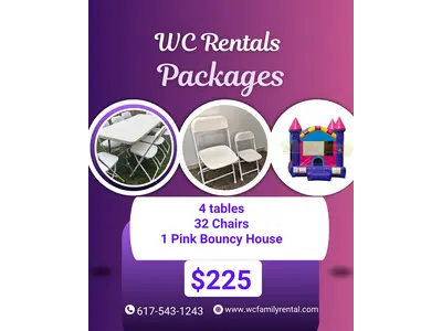 Package Pink Bouncy House + Chairs and Tables