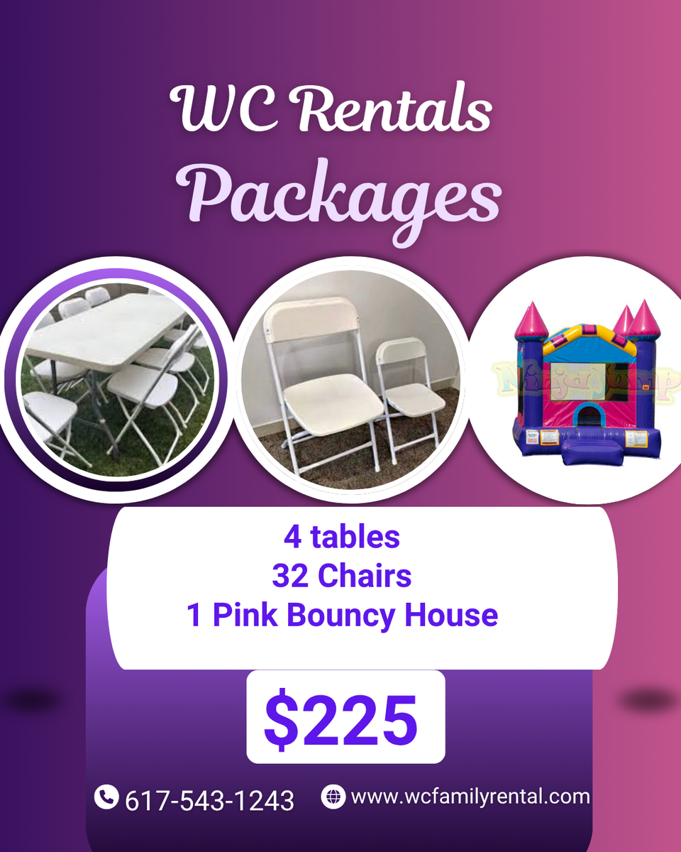 Package Pink Bouncy House + Chairs and Tables