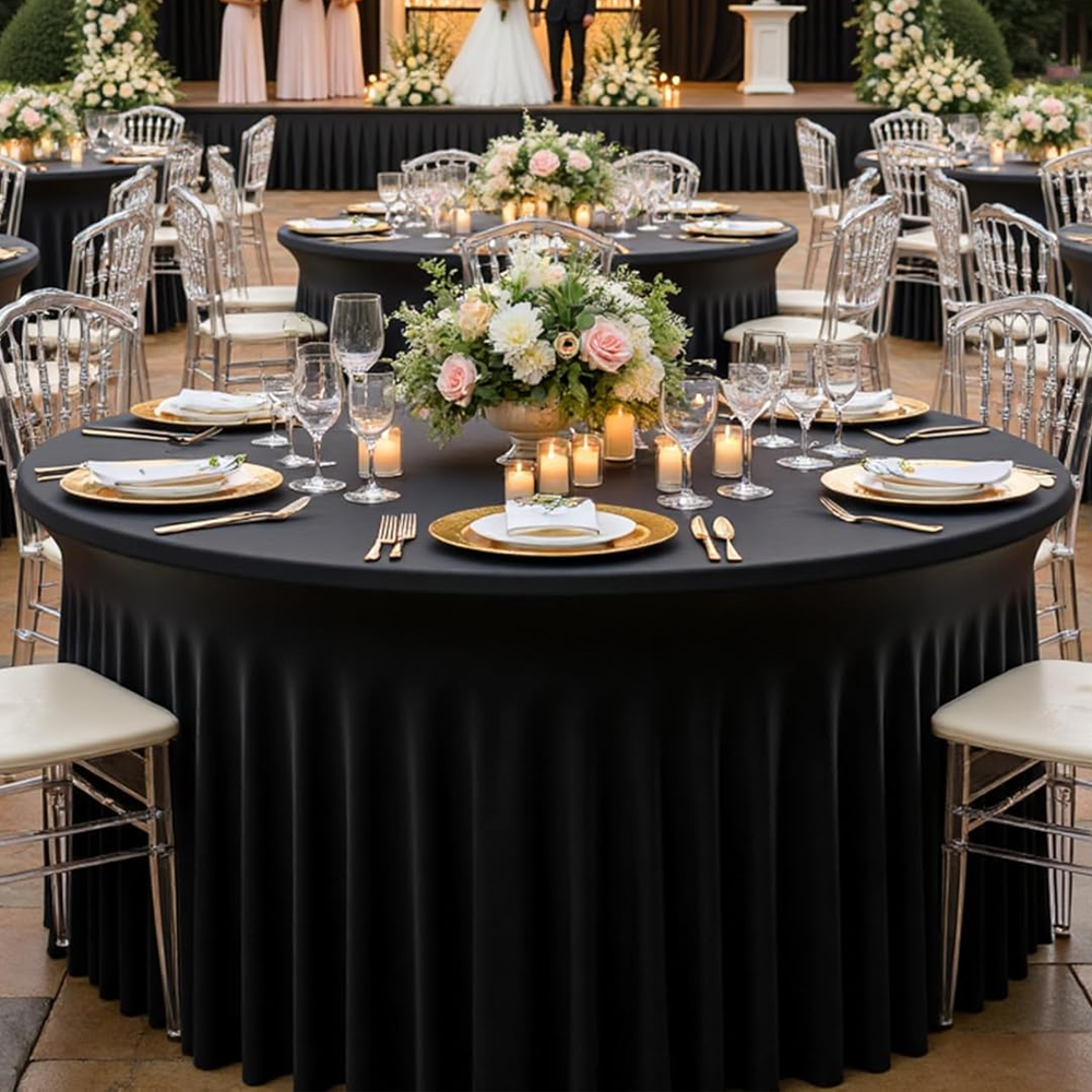Black Spandex 72 inch Round Ruffle Table Cover in Hazel Park