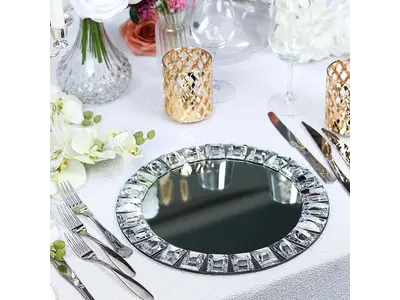 13" Silver Jeweled Rim Premium Glass Mirror Charger Plates