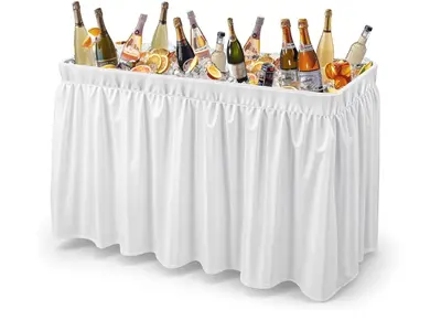 Ice cooler table w/ white skirt in Madison Heights
