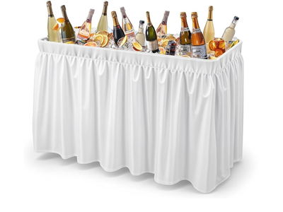 Ice cooler table w/ white skirt 