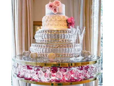 DRAMATIC ROUND GOLD/ WHITE AND CRYSTAL CAKE TABLE WITH GLASS TOP, IT CAN BE USED AS A SWEETHEART TABLES.